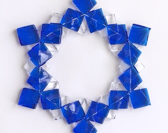 Fused Glass Snowflake Ornament / Suncatcher:  blue & clear - skier gift, winter birthday gift, teacher gift, winter solstice gift