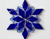 Fused Glass Snowflake Ornament / Suncatcher:  cobalt blue, pale sky blue & clear - skier gift, client gift, artist gift, hostess gift