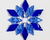 Fused Glass Snowflake Ornament / Suncatcher:  cobalt blue, sky blue & clear - skier gift, christmas gift, winter solstice gift, hostess gift