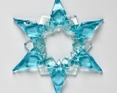 NEW! Fused Glass Snowflake Ornament / Suncatcher:  two-tone aqua & iridized clear - hanukkah decor, winter birthday, winter solstice gift