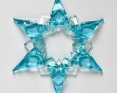 Fused Glass Snowflake Ornament / Suncatcher:  two-tone aqua & iridized clear - hanukkah decor, winter birthday, winter solstice gift