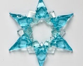 NEW! Fused Glass Snowflake Ornament / Suncatcher:  two-tone aqua & iridized clear - hanukkah decor, winter birthday, winter solstice gift