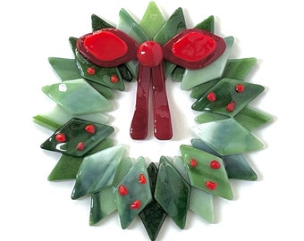 Fused Glass Christmas Wreath Ornament - teacher gift, office gift, grandma gift, client gift, wreath ornament, christmas decor, hostess gift