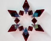 Fused Glass Snowflake Ornament / Suncatcher: fuchsia/plum & iridized clear - winter solstice, winter decoration, teacher gift, skier