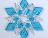 Fused Glass Snowflake Ornament / Suncatcher: turquoise & iridized clear - skier gift, winter birthday, teacher, hostess gift, hanukkah