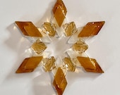 Fused Glass Snowflake Ornament / Suncatcher: two-tone amber, white & iridized clear - best friend gift, birthday gift, summer solstice gift