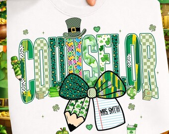 Counselor St Patrick’s Day PNG, Lucky Shamrock School Counselor Shirt Design, Preppy Green Sublimation PNG, Cute Counselor PNG