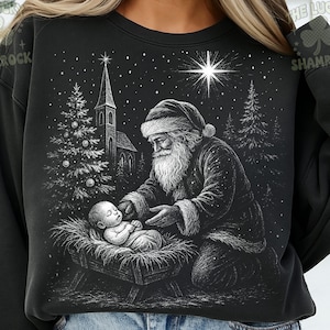 Vintage Christmas Nativity Shirt PNG, Santa Kneeling at Manger, Holy Night Scene Sublimation, Religious Christmas Sweatshirt Design PNG