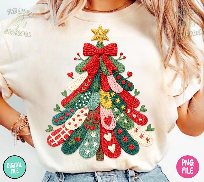 May include: Cream-colored t-shirt featuring a colorful Christmas tree design. The tree is composed of various textured elements in red, green, yellow, and white, with a red bow and a gold star on top. The words "DIGITAL FILE" and "PNG FILE" are printed on the shirt.