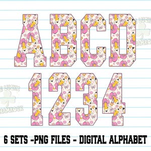 May include: Digital alphabet and number set with a floral and pencil design. The letters and numbers are in a bold, block style, with a cream background and pink flowers. The text at the bottom reads "6 SETS - PNG FILES - DIGITAL ALPHABET."