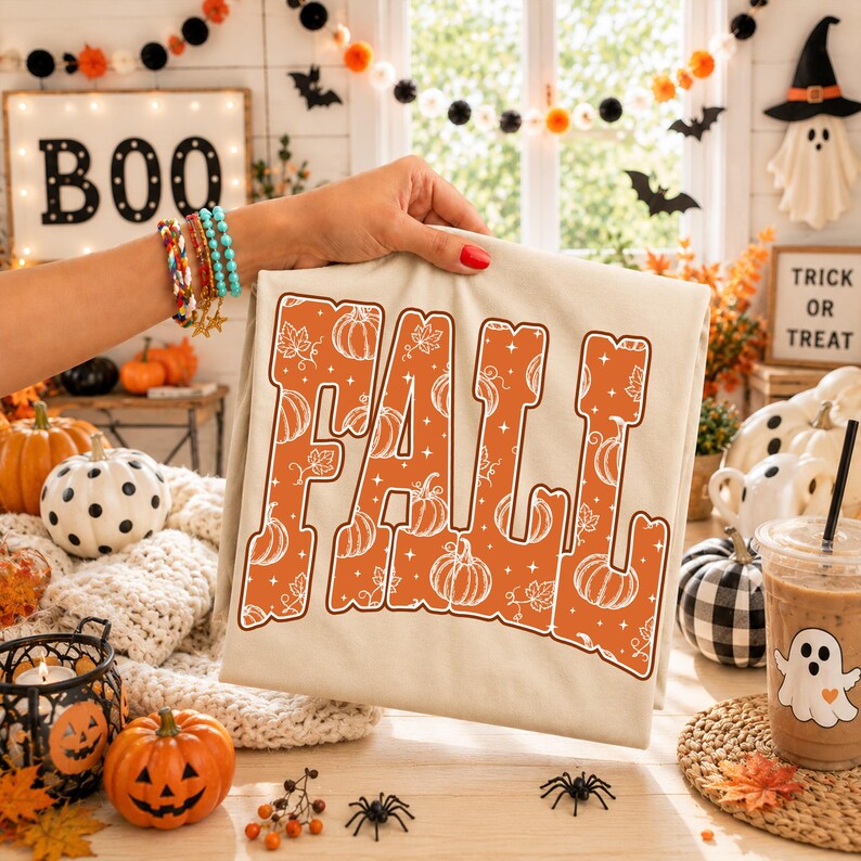 May include: A beige t-shirt featuring the word FALL in large, bold, orange letters. The letters are filled with a white line-art pattern of pumpkins, leaves, and stars. The shirt is held up against a background of various Halloween decorations.