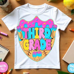 May include: White t-shirt with a colorful graphic that says "THIRD GRADE". The graphic features a donut, ice cream cones, and an apple with a baseball. The design is in shades of pink, blue, yellow, and orange.