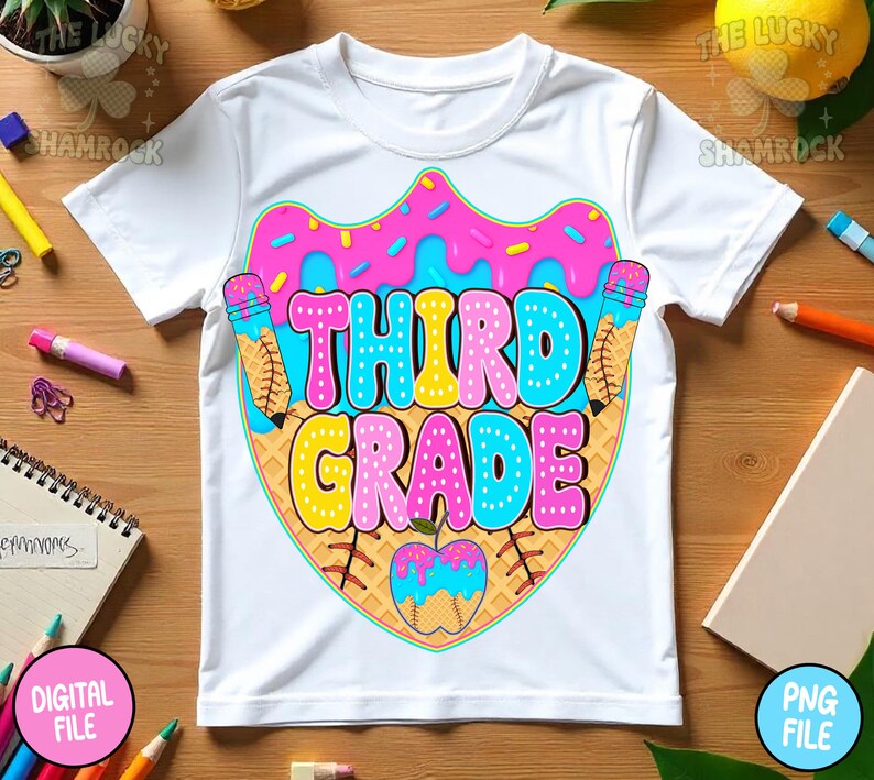 May include: White t-shirt with a colorful graphic that says "THIRD GRADE". The graphic features a donut, ice cream cones, and an apple with a baseball. The design is in shades of pink, blue, yellow, and orange.