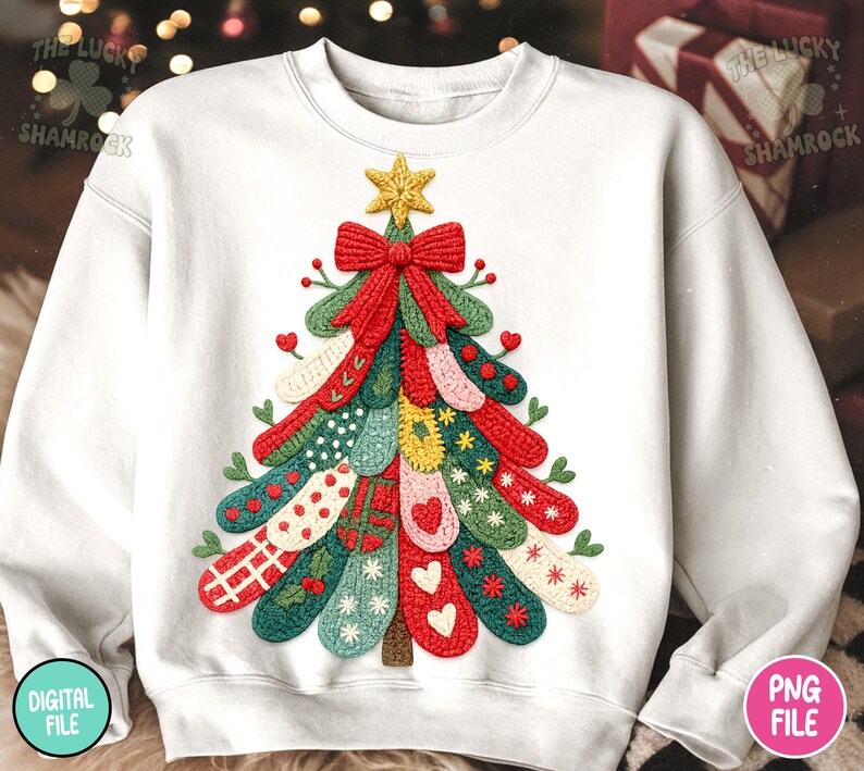 May include: White sweatshirt featuring a colorful Christmas tree design. The tree is made of various textured, stitched elements in red, green, yellow, and blue, topped with a gold star and red bow. The design includes hearts and other festive details.