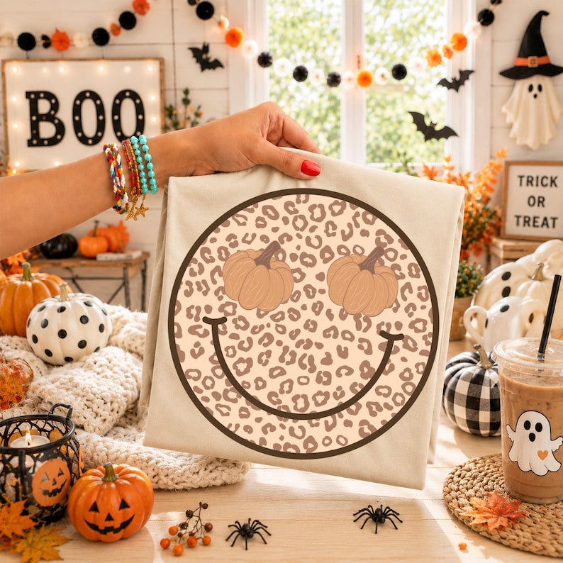 May include: A beige t-shirt featuring a large circular graphic with a brown leopard print pattern. The design includes two light orange pumpkins as eyes and a curved brown line forming a smiling mouth, centered on the front of the garment.