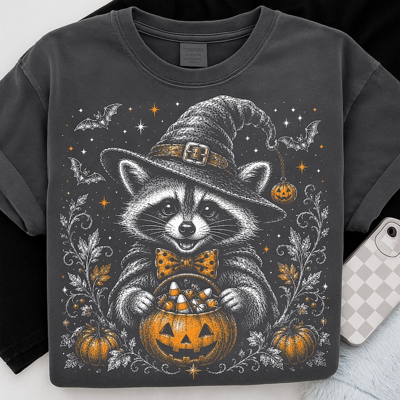 May include: A charcoal gray t-shirt featuring a graphic illustration of a raccoon wearing a witch hat and a polka-dot bow tie. The raccoon holds a jack-o'-lantern filled with candy corn, surrounded by bats, orange stars, and decorative foliage.
