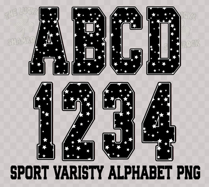 Puede incluir: Alfabeto y n&uacute;meros de estilo universitario en blanco y negro, incluyendo A, B, C, D, 1, 2, 3 y 4. Cada letra y n&uacute;mero est&aacute; relleno de estrellas blancas. El texto "SPORT VARISTY ALPHABET PNG" est&aacute; en la parte inferior.