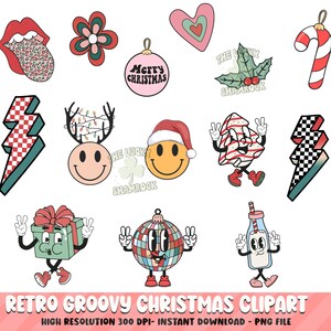 K&ouml;nnte beinhalten: Eine Sammlung von Retro-Groovy-Weihnachts-Clipart. Enth&auml;lt eine rot-wei&szlig;e Zuckerstange, ein Smiley-Gesicht mit Weihnachtsm&uuml;tze und eine Discokugel mit Gesicht. Der Text "Retro Groovy Christmas Clipart" befindet sich unten.