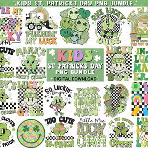 May include: A digital download bundle of 18 St. Patrick's Day themed graphics featuring green shamrocks, checkered patterns, and phrases like "You're My Lucky Charm" and "Thick Thighs Vibes".