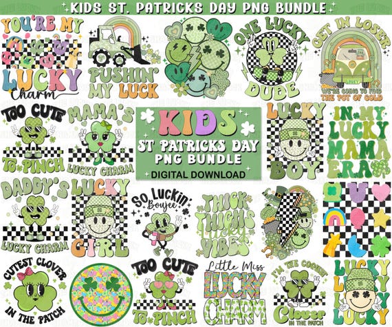 St Patricks Day Kids PNG Bundle, Retro St Patrick png Bundle, Patricks day Kids Png, Shamrocks png Kids St Pattys day png, Kids Png Bundle
