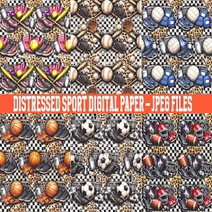 Op de afbeelding: Digitaal papier met afbeeldingen van sportuitrusting, waaronder honkballen, basketballen, voetballen en voetbalschoenen. De tekst "DISTRESSED SPORT DIGITAL PAPER - JPEG FILES" staat in een oranje banner.