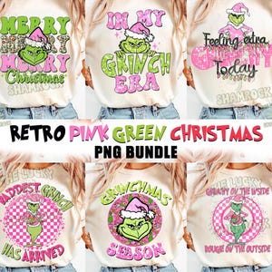 K&ouml;nnte beinhalten: Ein Set mit sechs digitalen Sublimationsdesigns, die den Grinch in einem retro-pinken und gr&uuml;nen Weihnachtsthema zeigen. Die Designs beinhalten S&auml;tze wie "Merry Christmas Shamrock", "In My Grinch Era", "Feeling Extra Grinch Today", "Baddest Grinch Has Arrived", "Grinchmas Season" und "The Lucky Grinch On The Inside, Bougie On The Outside".