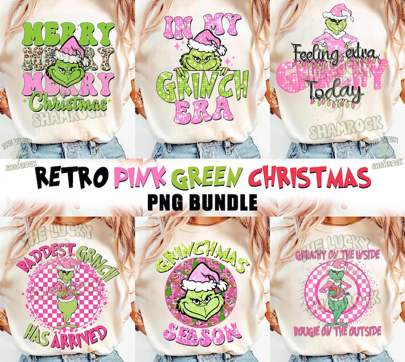 K&ouml;nnte beinhalten: Ein Set mit sechs digitalen Sublimationsdesigns, die den Grinch in einem retro-pinken und gr&uuml;nen Weihnachtsthema zeigen. Die Designs beinhalten S&auml;tze wie "Merry Christmas Shamrock", "In My Grinch Era", "Feeling Extra Grinch Today", "Baddest Grinch Has Arrived", "Grinchmas Season" und "The Lucky Grinch On The Inside, Bougie On The Outside".