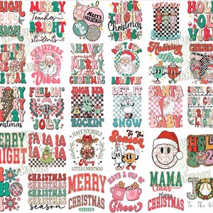 K&ouml;nnte beinhalten: Eine digitale Collage aus 25 weihnachtlichen Designs mit verschiedenen Spr&uuml;chen und Illustrationen. Die Designs sind im Retro-Stil mit leuchtenden Farben und fetten Schriftarten gehalten. Einige der Spr&uuml;che sind "Frohe Weihnachten", "Jingle Bell Rockin", "Santa Baby" und "Have Yourself a Merry Little Christmas".