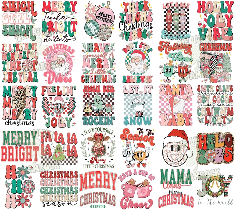 K&ouml;nnte beinhalten: Eine digitale Collage aus 25 weihnachtlichen Designs mit verschiedenen Spr&uuml;chen und Illustrationen. Die Designs sind im Retro-Stil mit leuchtenden Farben und fetten Schriftarten gehalten. Einige der Spr&uuml;che sind "Frohe Weihnachten", "Jingle Bell Rockin", "Santa Baby" und "Have Yourself a Merry Little Christmas".