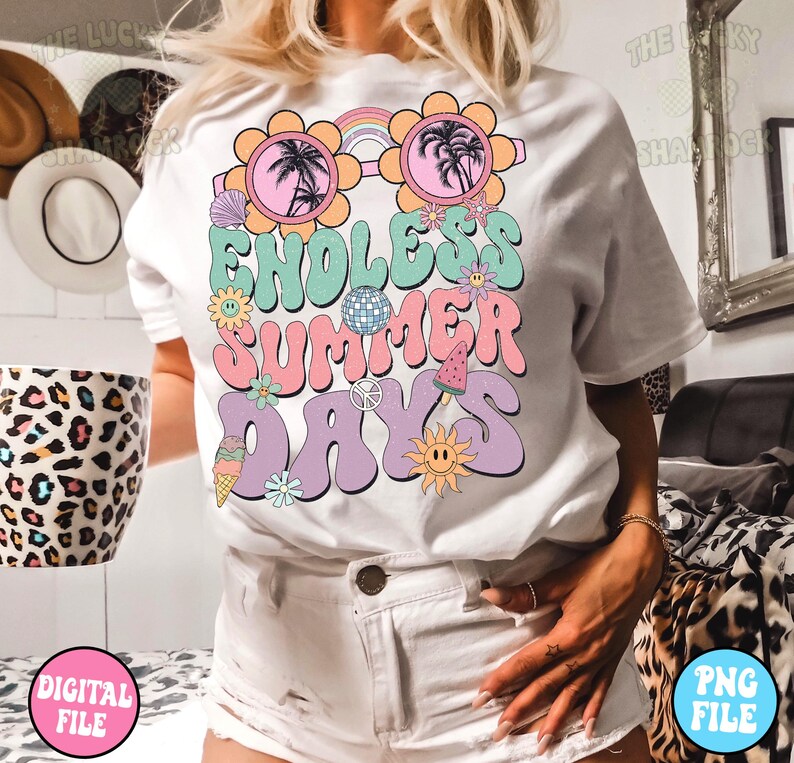 May include: White t-shirt with a graphic design featuring a pair of sunglasses with palm trees, a rainbow, and the text "Endless Summer Days" in a retro font. The graphic also includes various other summer-themed elements like ice cream, a watermelon, a peace sign, and flowers.