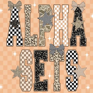 Trendy Alphabet Png files, Preppy Varsity Alphabet Design, Sports Baseball Alphabet, Leopard Checkered Bow Star PNG, Sublimation File