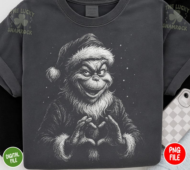 May include: Dark gray t-shirt featuring a detailed illustration of a Grinch-like character forming a heart with their hands. The character is wearing a Santa hat and coat with white trim. The text "THE LUCKY SHAMROCK" is printed on the top left.