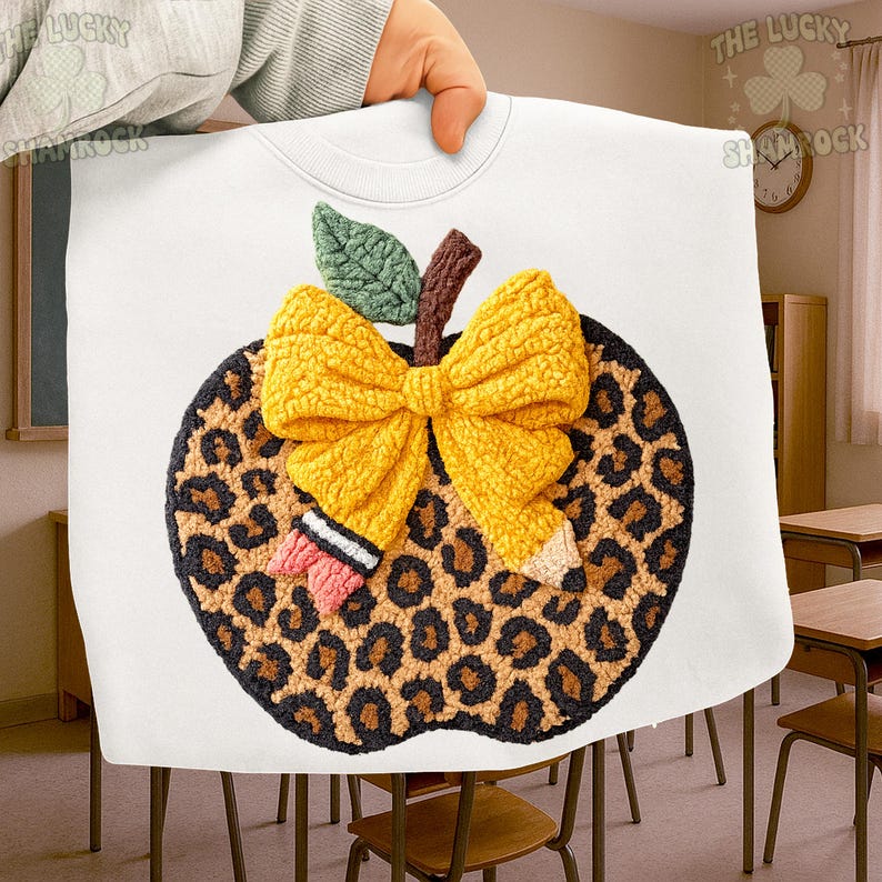 Crochet Teacher png, Crochet Leopard Apple PNG, Faux Yarn Teacher Png, Latch Hook Teacher png, Crochet Bow Apple Design, Trendy Teacher png image 2