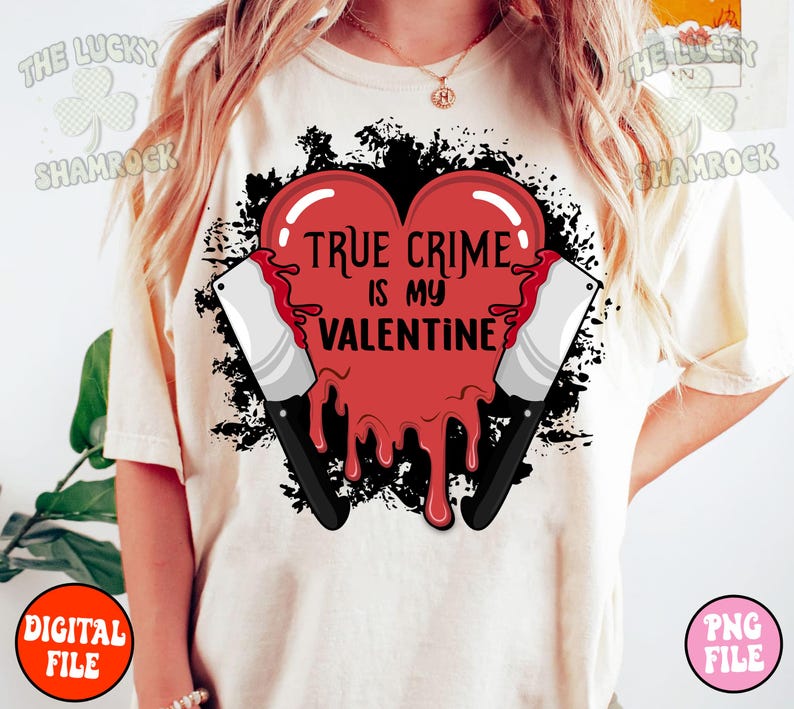 May include: A white t-shirt with a red dripping heart and two black knives. The heart has the text "True Crime is my Valentine" on it.