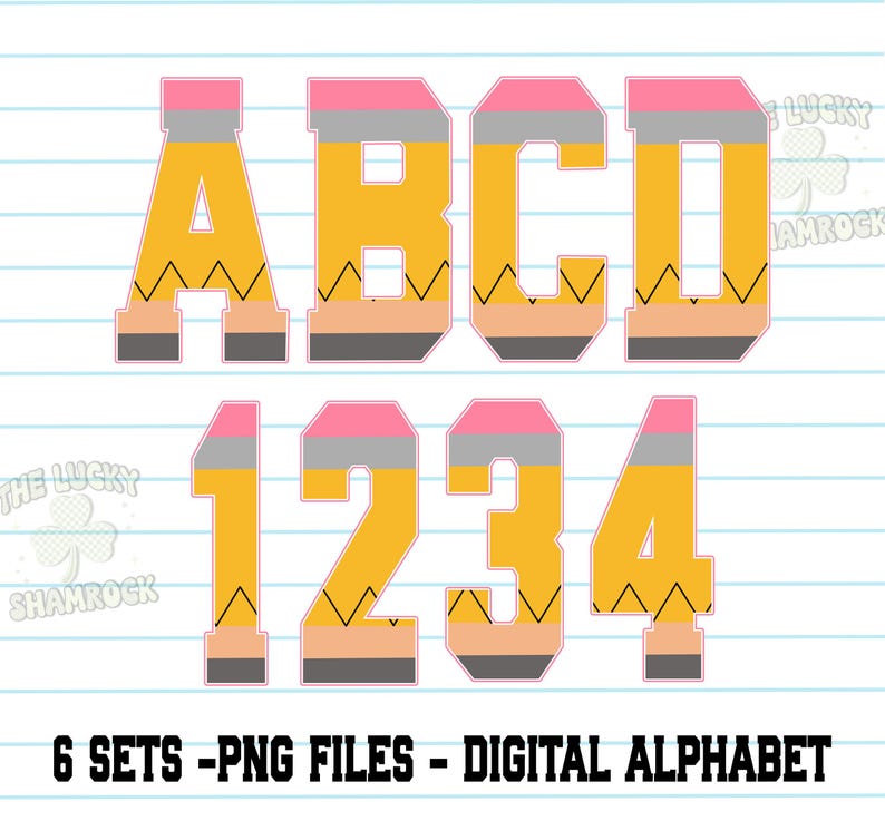 May include: A digital alphabet and number set, designed to resemble pencils. The letters A, B, C, D and numbers 1, 2, 3, 4 are in yellow, pink, gray, and brown. The text "6 SETS - PNG FILES - DIGITAL ALPHABET" is at the bottom.