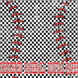 May include: Digital paper design featuring a baseball stitch pattern in red against a black and white checkered background. The text "CHECKERED BASEBALL DIGITAL PAPER" is displayed in red at the bottom. The design has a distressed, vintage look.