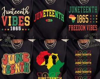 May include: Six different designs of black sweatshirts with Juneteenth themed graphics in red, green, yellow, and white. The graphics include the words "Juneteenth", "1865", "Freedom Vibes", and "VIBES".