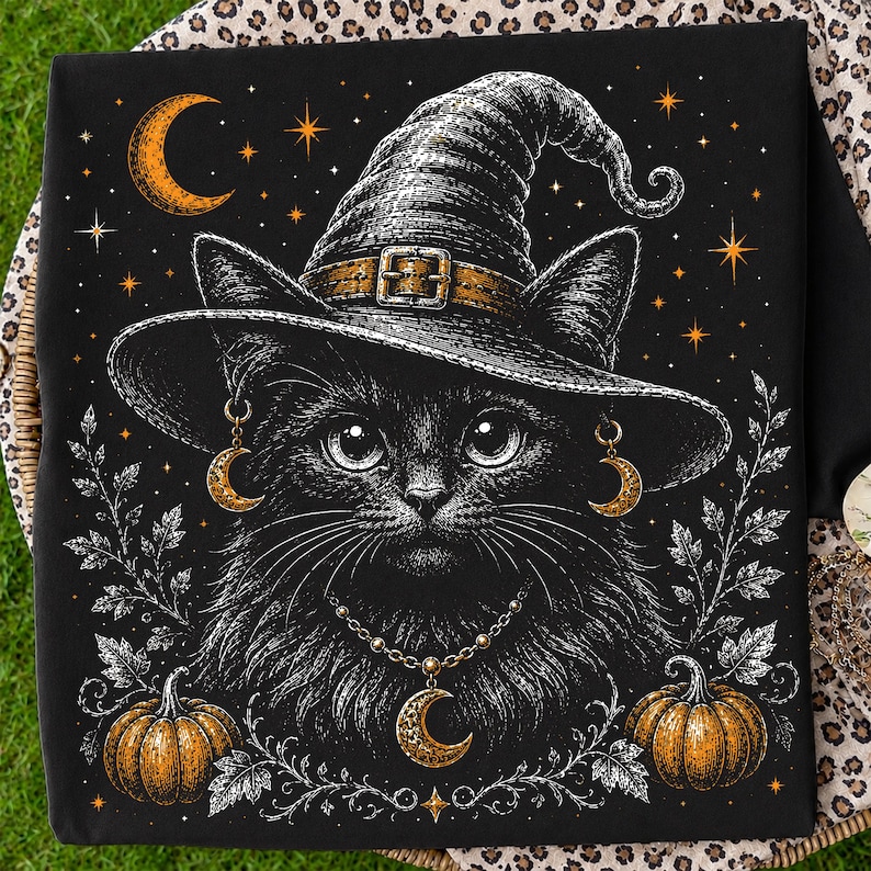May include: A black t-shirt featuring a graphic illustration of a black cat wearing a pointed witch hat with a buckle, gold crescent moon earrings, and a gold crescent moon necklace, surrounded by orange pumpkins, stars, and white leaf outlines.