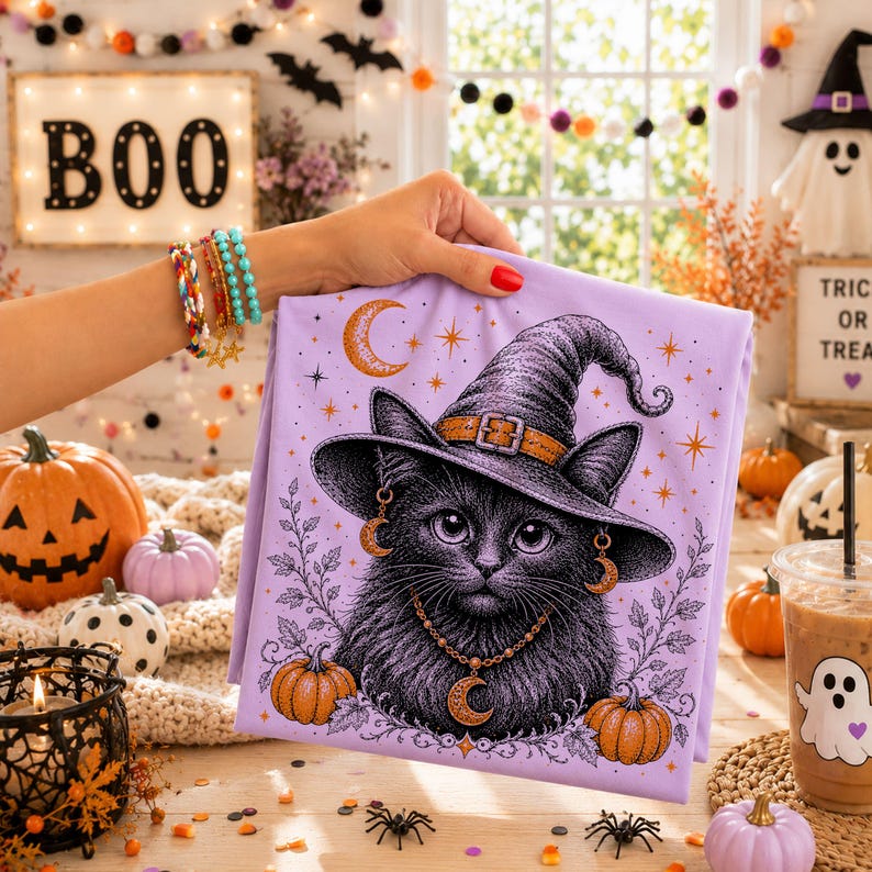 May include: A light purple fabric featuring a detailed illustration of a black cat wearing a witch hat, adorned with crescent moon earrings and a moon pendant necklace, surrounded by small pumpkins, stars, and leafy branches.
