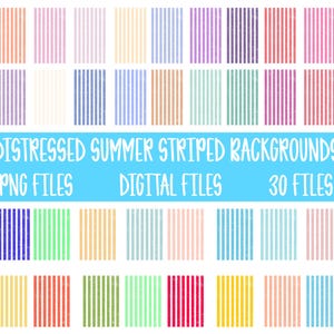 May include: A collection of 30 digital PNG files featuring distressed summer striped backgrounds. The backgrounds showcase vertical stripes in various pastel colors, including pink, blue, yellow, and green, with a textured, aged appearance.