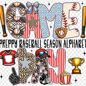 Könnte beinhalten: Ein farbenfrohes Grafikdesign mit dem Schriftzug "GAME DAY" und Baseball-Elementen. Das Design umfasst Baseballschläger, einen Handschuh, eine Trophäe und Popcorn. Der Text "PREPPY BASEBALL SEASON ALPHABET" ist ebenfalls vorhanden.