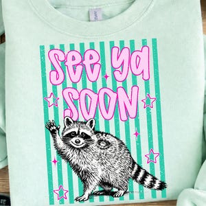 May include: A light green sweatshirt with a graphic of a raccoon waving. The text "See Ya Soon" is in pink bubble letters above the raccoon. The design includes teal stripes and pink stars.