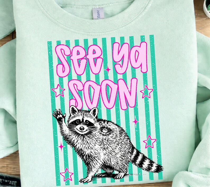 May include: A light green sweatshirt with a graphic of a raccoon waving. The text "See Ya Soon" is in pink bubble letters above the raccoon. The design includes teal stripes and pink stars.