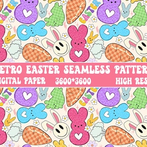 May include: A seamless pattern featuring a retro Easter theme with pastel colors. The pattern includes bunnies, carrots, and Peeps candy. The text "RETRO EASTER SEAMLESS PATTERN", "DIGITAL PAPER", "3600*3600", and "HIGH RESO" is included in the design.