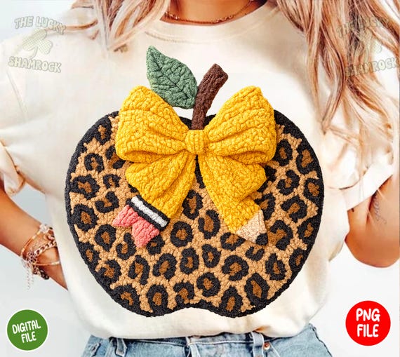 Crochet Teacher png, Crochet Leopard Apple PNG, Faux Yarn Teacher Png, Latch Hook Teacher png, Crochet Bow Apple Design, Trendy Teacher png