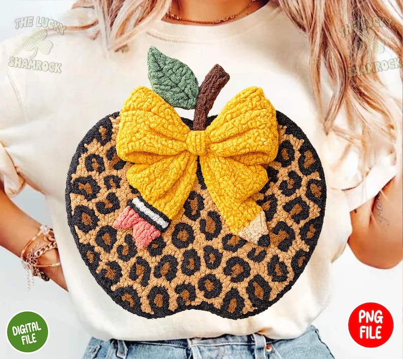 Crochet Teacher png, Crochet Leopard Apple PNG, Faux Yarn Teacher Png, Latch Hook Teacher png, Crochet Bow Apple Design, Trendy Teacher png image 1