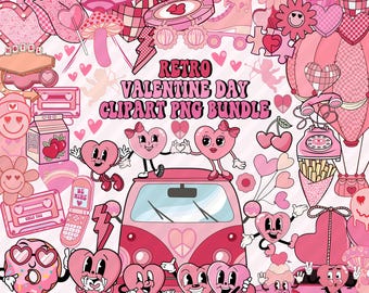 May include: A digital clipart bundle of retro Valentine's Day graphics in pink and white. The graphics include hearts, flowers, a van, a phone, a cassette tape, and more. The text "Retro Valentine Day Clipart PNG Bundle" is in the center of the image.