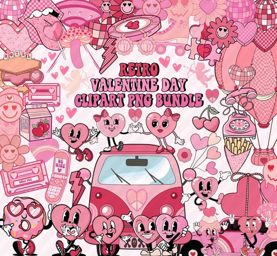 Retro Valentine Clipart Bundle, Retro Valentine png, Valentines Clip art Bundle, Groovy valentine png, Clipart png, Love Heart Clipart Png
