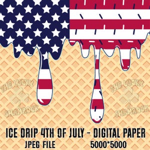 Carta digitale con bandiera USA e gelato gocciolante, piatto per la casa con gelato gocciolante, carta gocciolante con bandiera USA, stampa a sublimazione con bandiera USA gocciolante, carta digitale alla moda