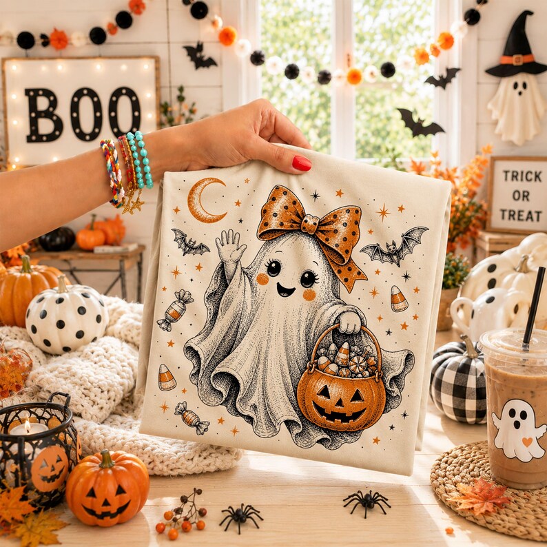 May include: A cream-colored fabric featuring a black and orange illustration of a smiling ghost wearing a polka-dot bow, holding a jack-o'-lantern candy bucket, surrounded by bats, stars, a crescent moon, and various candy pieces.